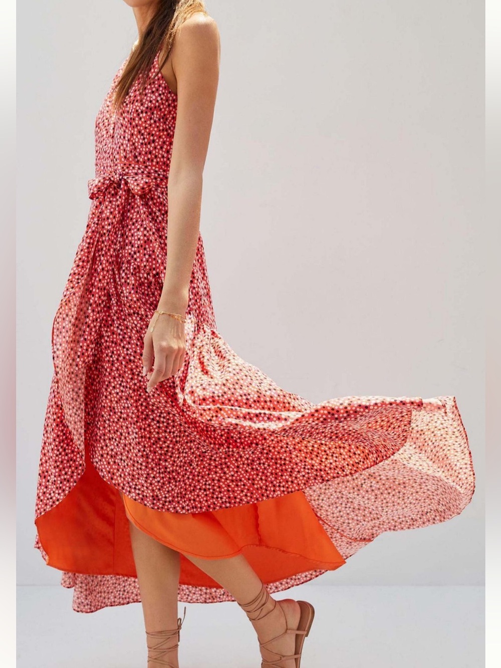Red Printed V-Neck Midi Dress with Tie Waist